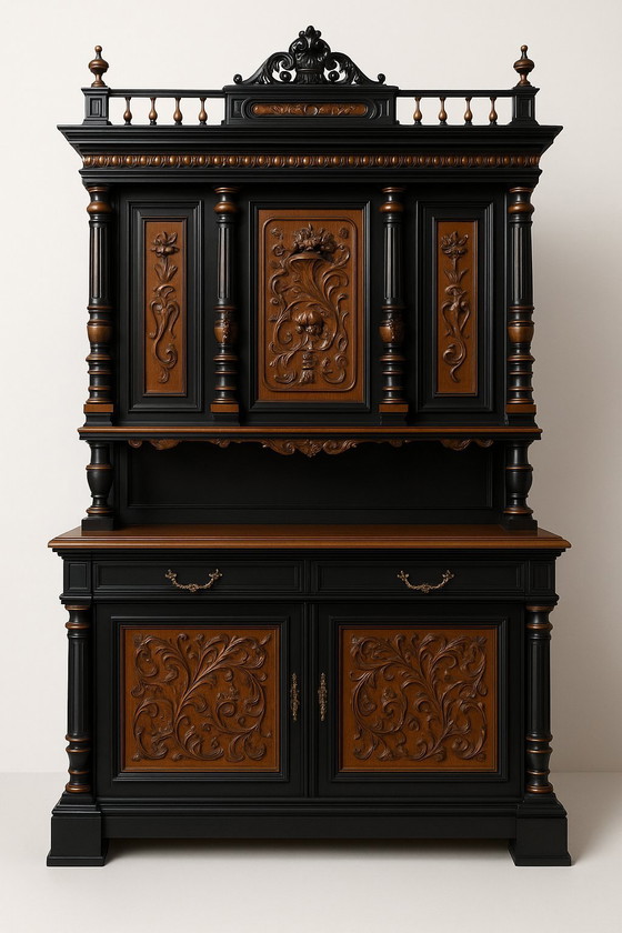 Image 1 of Antique Renaissance Sideboard Cabinet – Solid Wood – Hand-Carved