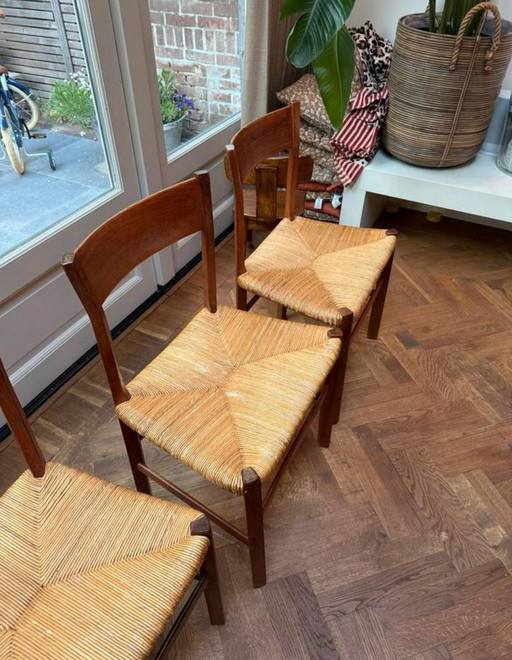 Vintage Designer Esszimmerstühle aus Skandinavien Holz und Stroh