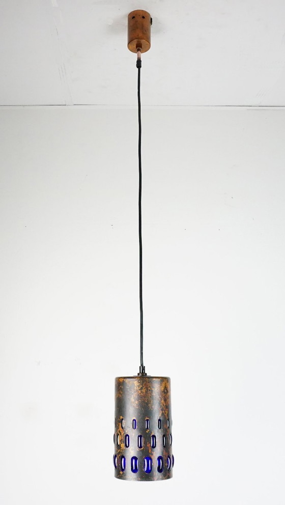 Image 1 of Lámpara colgante moderna de mediados de siglo en cobre flameado y vidrio azul, década de 1960