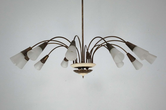 Image 1 of Large Italian Mid-Century Sputnik Brass Chandelier with Satin Glass, 1950s