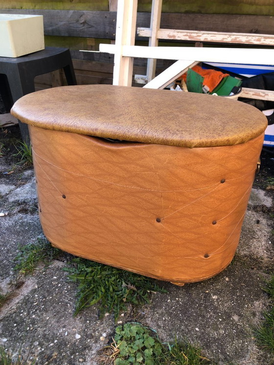 Image 1 of Beautiful vintage faux leather pouf storage pouf ottoman 1950s/60s