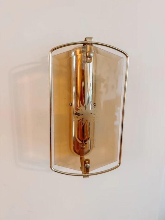 Image 1 of Vintage glass brass wall lamps, set of 2