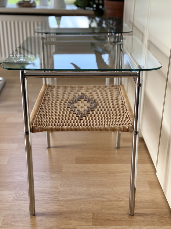 Image 1 of Set of vintage side tables/side tables with chrome, wicker and glass - 1970s