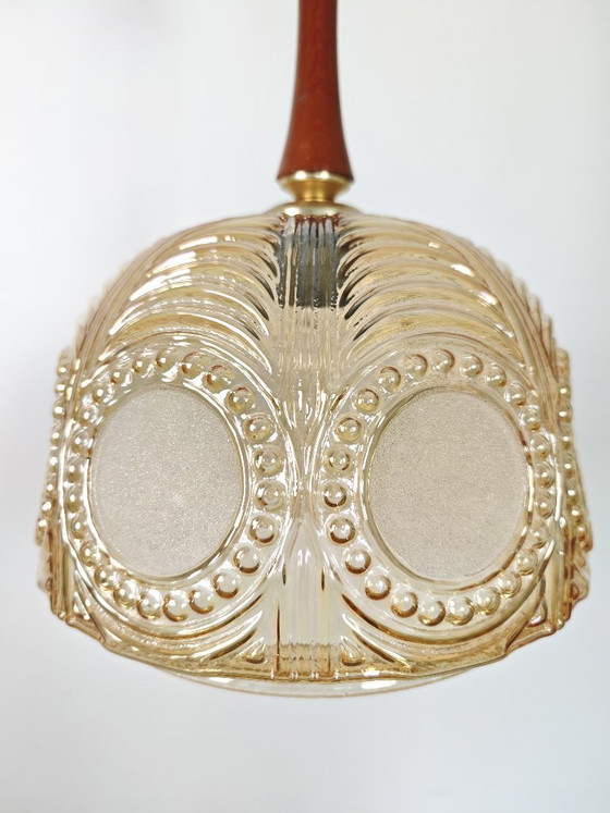 Image 1 of Vintage Amber Glass Pendant Light / 70s Mid Century Hanging Lamp / Retro Ceiling Light / Art Deco Style Glass Shade / Warm Ambie