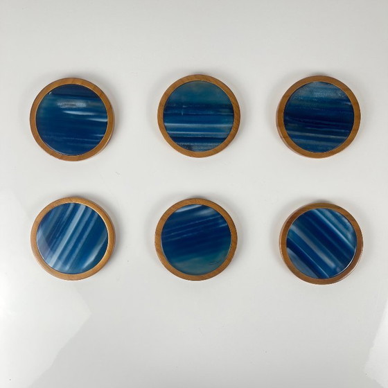 Image 1 of Set of 6 coasters in blue agate and wood, Midcentury modern