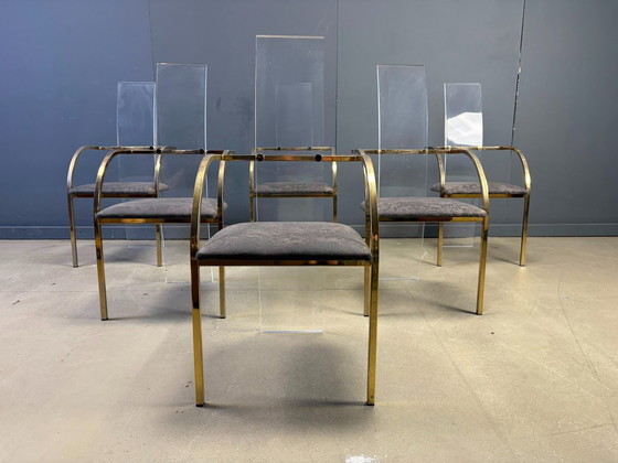 Sillas de comedor de latón y metacrilato de Belgochrom, década de 1970 - Juego de 6 – Plexiglass, Textile (photo 6 of 12)
