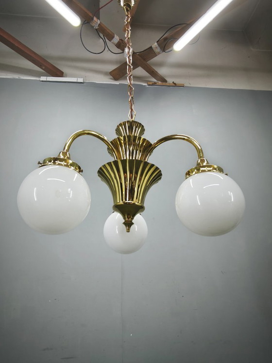 1930s Czechoslovak Art Deco Brass And Opaline Glass Chandelier (photo 10 of 14)