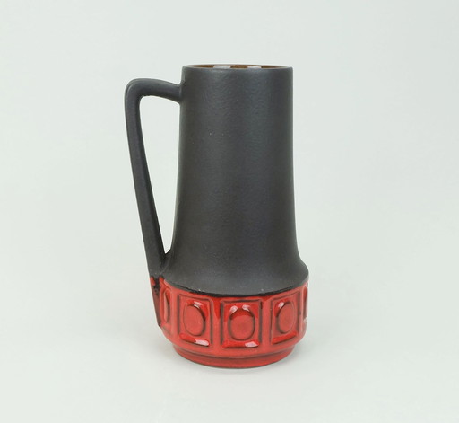 1960s 70s Vintage Scheurich Vase Model 411-25 Matte Brown Glaze Red Geometric Pattern