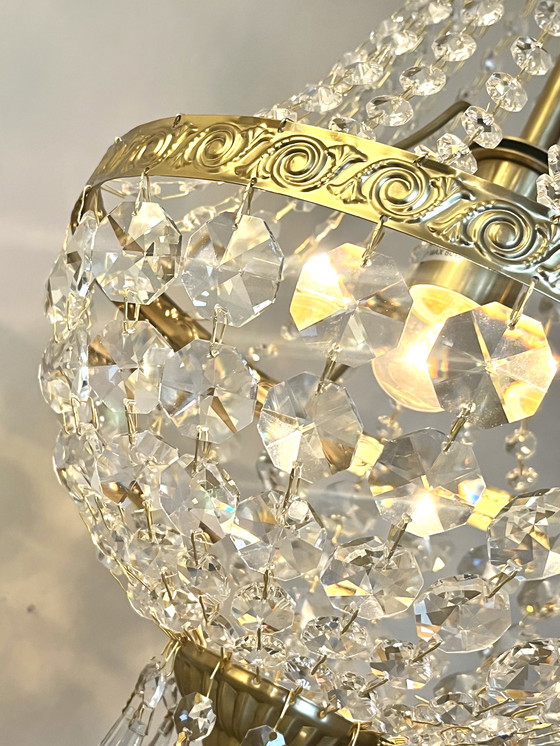 Image 1 of 2x Crystal Bag Chandelier Gold Frame Chandelier