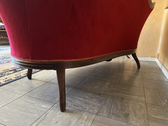 Image 1 of Banco antiguo estilo Luis Felipe en madera y terciopelo rojo burdeos.