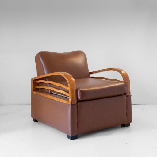 1X Italiaanse Art Déco Converteerbare Fauteuil / Slaapstoel in Bruin Eco-Leer, jaren 20. – Skai