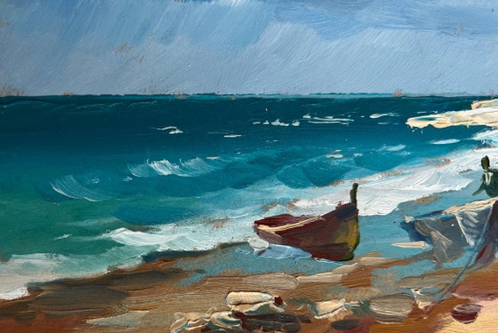 Image 1 of Peinture à l'huile originale, paysage marin d'été, bateaux au phare