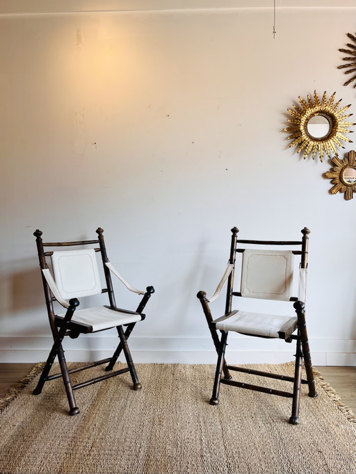 2 vintage campagne stoelen faux bamboo | jaren 70/80 Vintage – eetkamerstoelen, Canvas, Wood