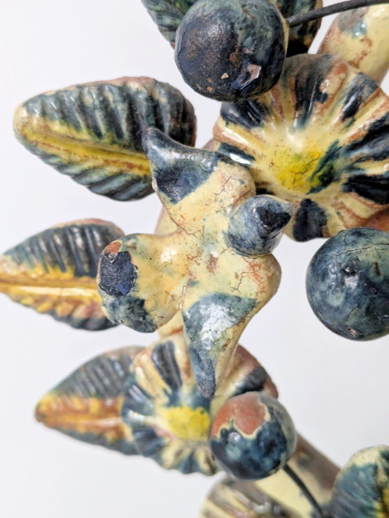 Image 1 of Vintage Mexican Tree of Life Ceramic Candleholder, 1970s Folk Art Candelabra with Birds & Flowers