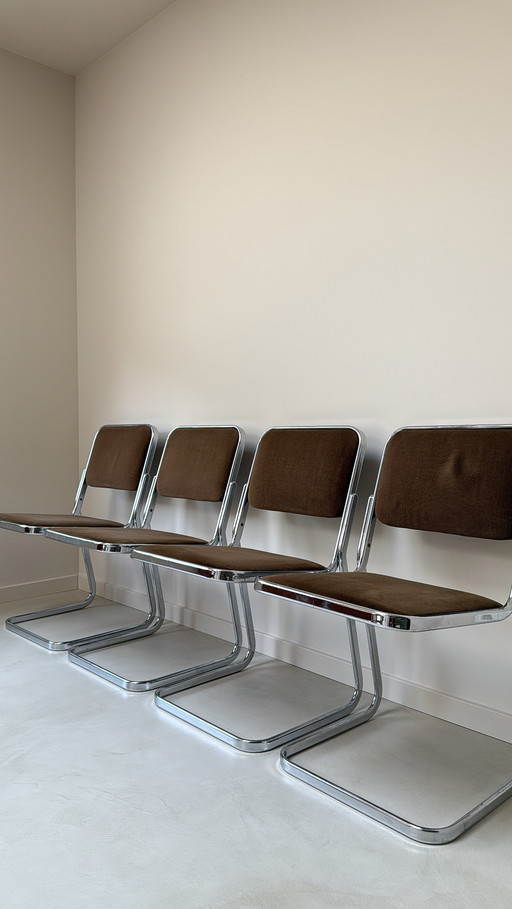 Four Vintage Tube Frame Chairs With Brown Velour Fabric