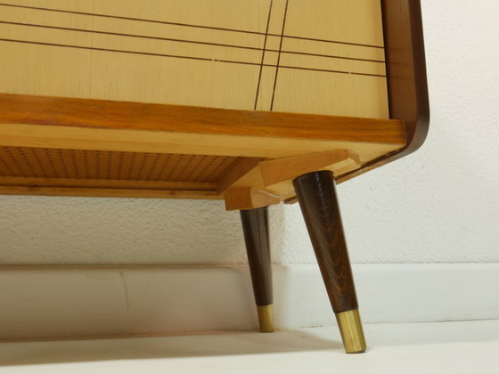 Image 1 of Vintage 1960s shoe cabinet, mid-century shoe chest, mahogany & birch, sliding doors, Germany