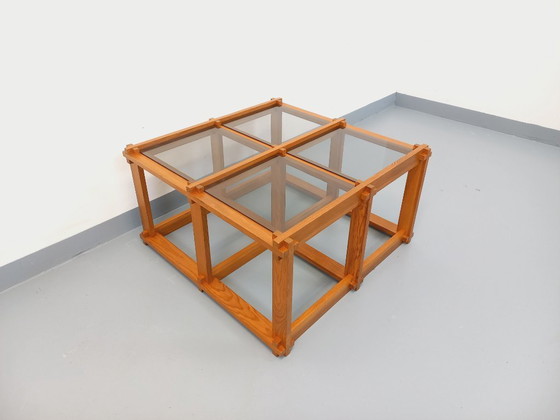 Image 1 of Vintage square coffee table in pine and smoked glass from the 70s/80s