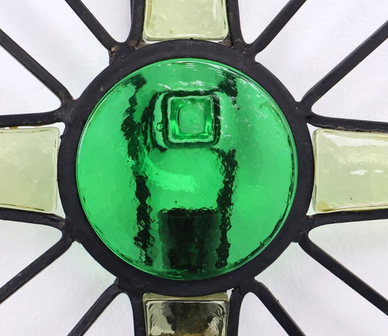 Image 1 of Vintage metal sunburst wall lamp with green glass, 1960s