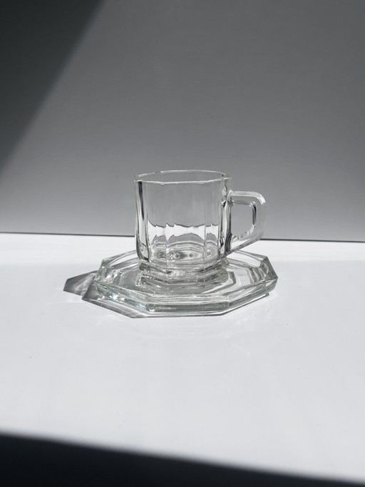 6 Vintage Glazen Espressokopjes met Achthoekige Schotels, Italië Jaren 80/90, Art Deco Revival – servies, Glass