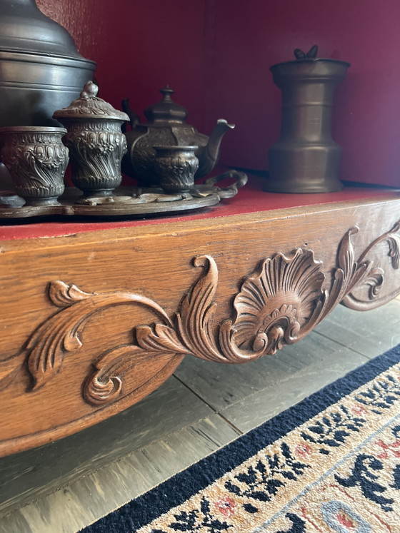 Image 1 of Antique vintage wooden bookcase with carved floral moldings