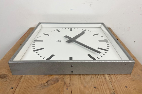 Image 1 of Large Grey Industrial Square Wall Clock from Pragotron, 1970s