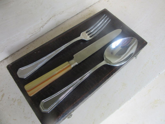 Art Deco 3-teiliges Besteckset aus Chrom (Inoxydable) in Box, Box Mock Coc – Besteckkassetten, Plastic (photo 8 of 10)