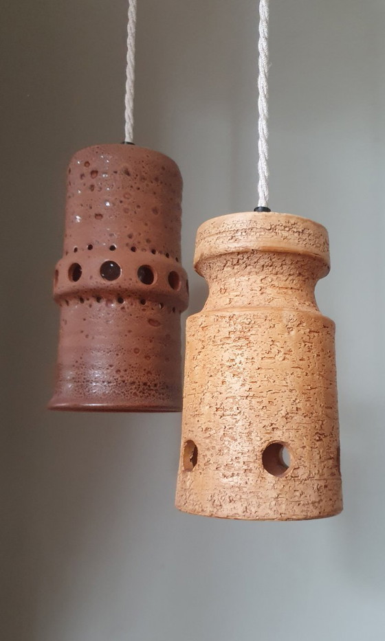 Image 1 of Set di 2 lampade a sospensione vintage in ceramica, Germania Ovest, vetro lava