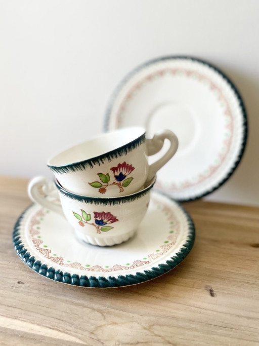 Vintage Longwy Cup Duo x2 · Hand Painted French Faience · Floral Motif · Green Border · Made in France · Mid-Century Pottery