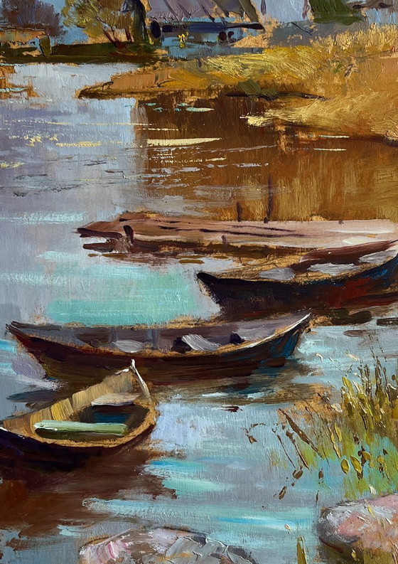 Image 1 of Origineel olieverfschilderij: Herfstlandschap van een dorp. Er is een jachthaven in het dorp.