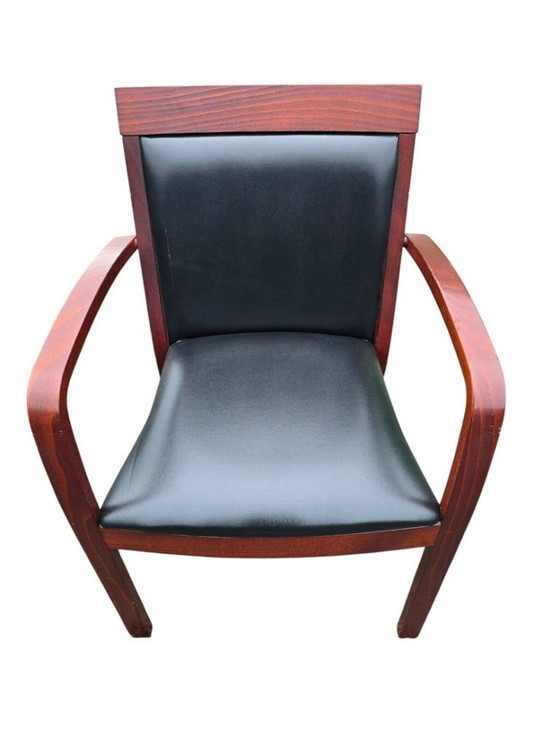 6 sedie Bridge contemporanee in mogano e pelle nera – Sedie da pranzo, Leather, Wood (photo 2 of 5)
