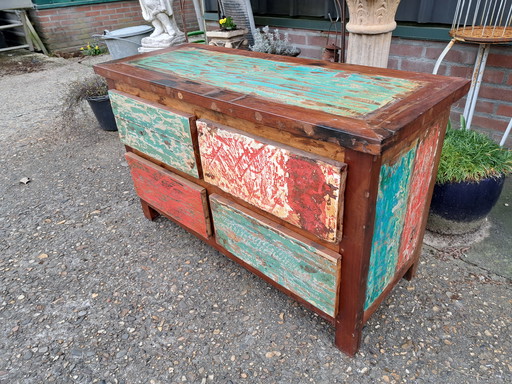 Kleurrijk TV Meubel, Sidetable, Console Gemaakt van Sloophout Afm. 100 x 40cm en 60cm Hoog
