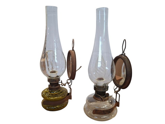 Image 1 of Pair of Vintage DITMAR Lamps – Antique Electrified Oil Lamps with Reflective Mirror