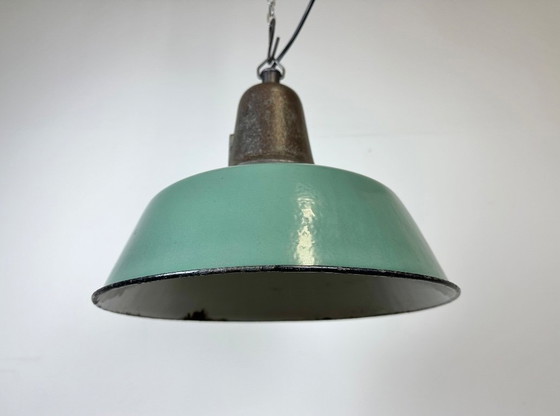 Image 1 of Industrial Green Enamel Factory Lamp with Cast Iron Top, 1960s