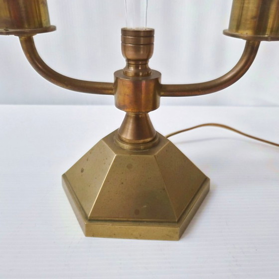 Image 1 of Pair of vintage 1950s brass and glass candle lamps, Art Deco style.