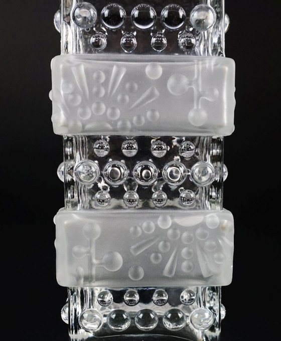 Image 1 of mid century modern GLASS VASE, block vase, textured surface, relief decoration, clear glass, satin glass