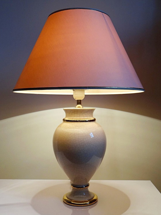 Image 1 of Crackle-glazed ivory and gold earthenware lamp, attributed to Le Dauphin, 1980s-90s
