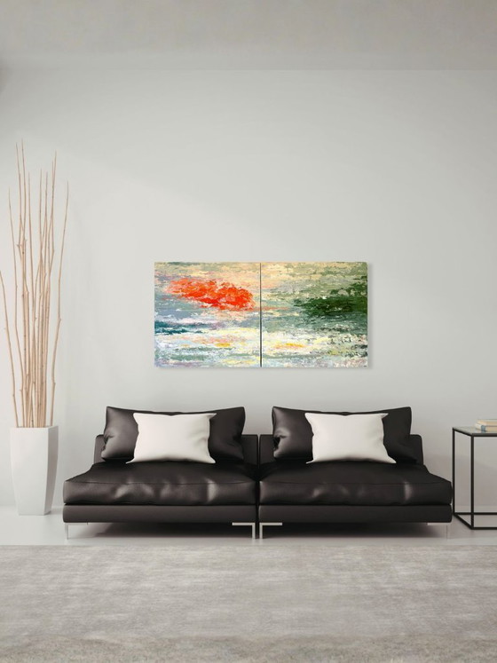 Image 1 of Large abstract diptych with warm orange and soft green tones | Numinosity | 120 x 60 cm