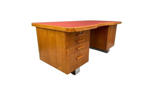 Bauhaus Walnut Schrijftafel met Rood Blad - Vintage Mid-Century Ontwerp