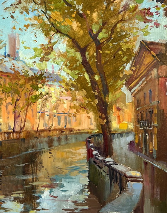 Image 1 of Original Oil Painting City River Landscape City alley with a river