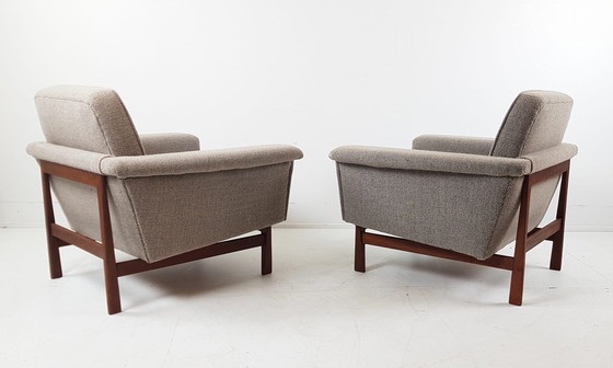 Image 1 of Set di divani vintage in legno di teak | divano + 2 poltrone in lana beige De Ploeg