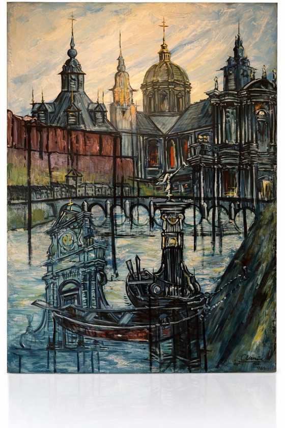 Image 1 of Monumentaal architectonisch stadsgezicht uit het midden van de 20e eeuw — Origineel schilderij (1961)