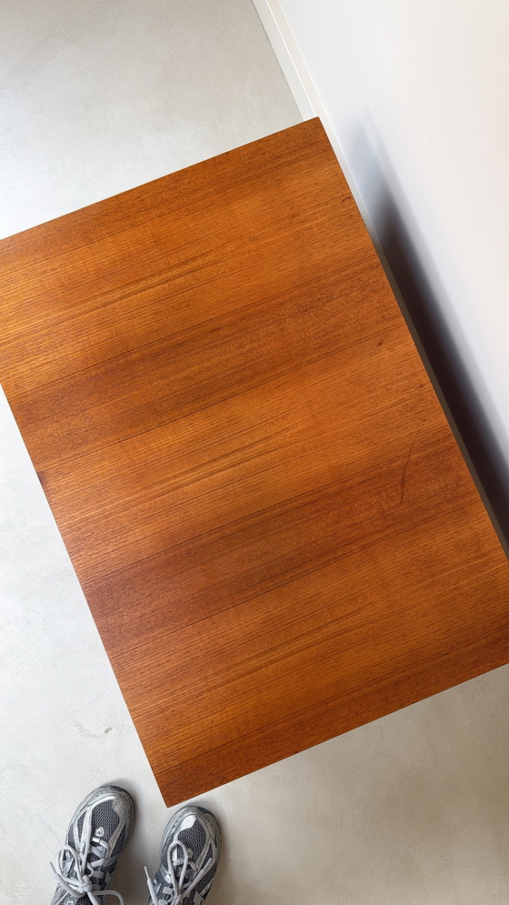Image 1 of Coffee table with brown rub fabric, wooden top and chrome legs