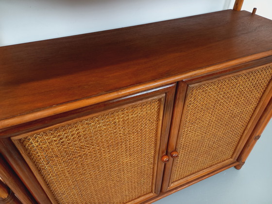 Image 1 of Large Vintage Rattan, Wood and Cane Bookcase from the 70s