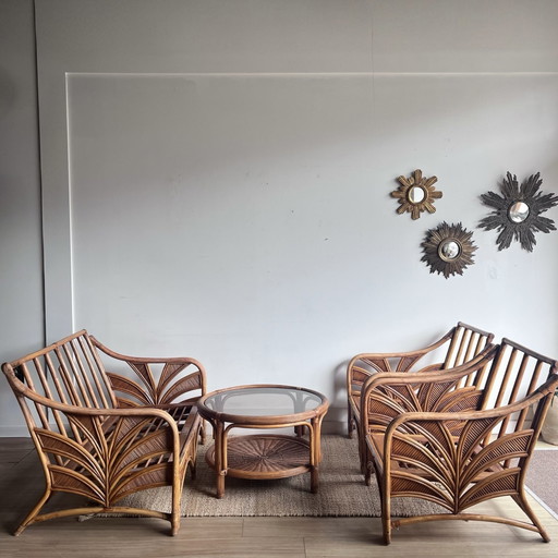 Lounge-Set mit Palmenblattmotiv, Sofa, 2 Sesseln und Tisch, Mid-Century-Stil