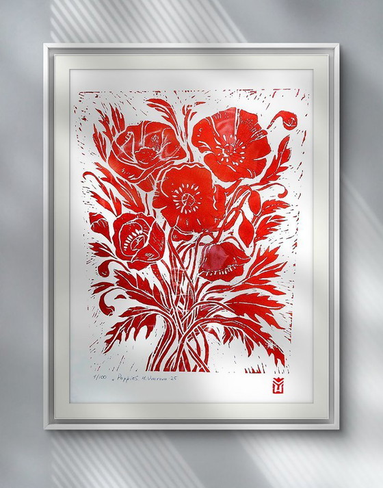 Image 1 of Papaveri - Stampa linoleografica fatta a mano in formato A3