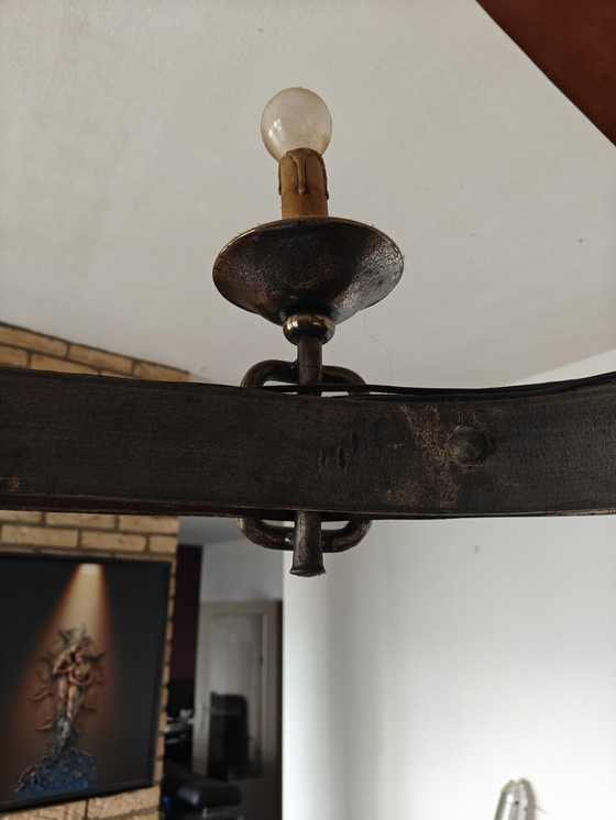 Image 1 of Lampadario francese con rivestimento in pelle, anni '50