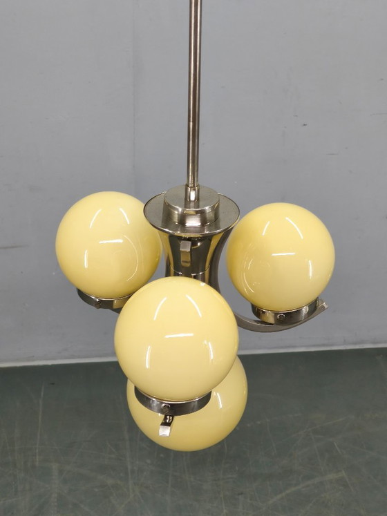 Image 1 of Art Deco Chrome and Opaline Glass Chandelier, 1930s