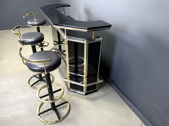 Image 1 of Hollywood Regency Bar with Three Stools, 1970s