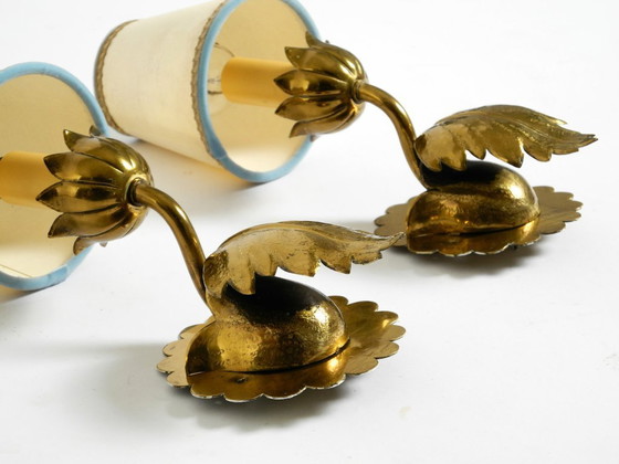 Image 1 of Two beautiful original Mid Century Modern floral wall lamps made of brass with high-quality lampshades