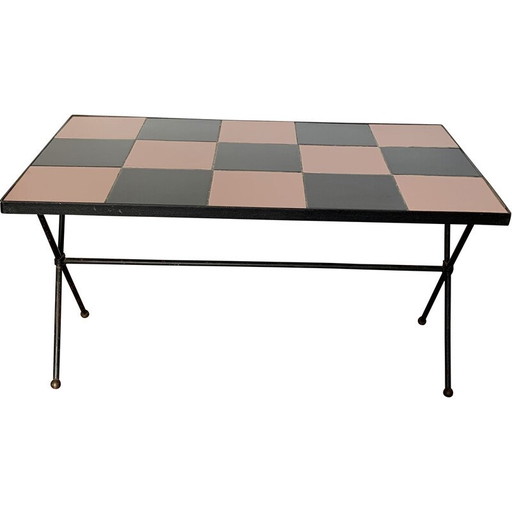Vintage salontafel in metaal en zwart en roze dambord